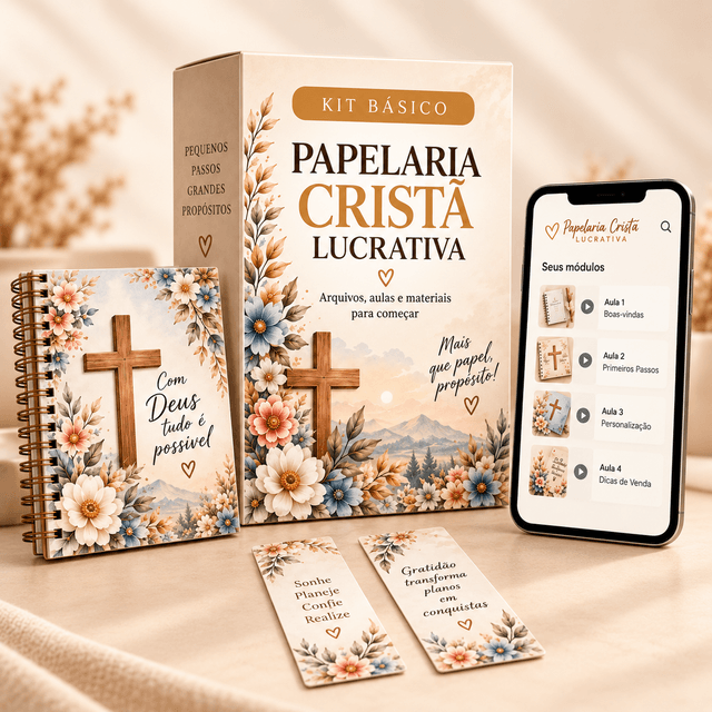 Kit Básico Papelaria Cristã Lucrativa: caderno, box, marca-páginas e aulas no celular
